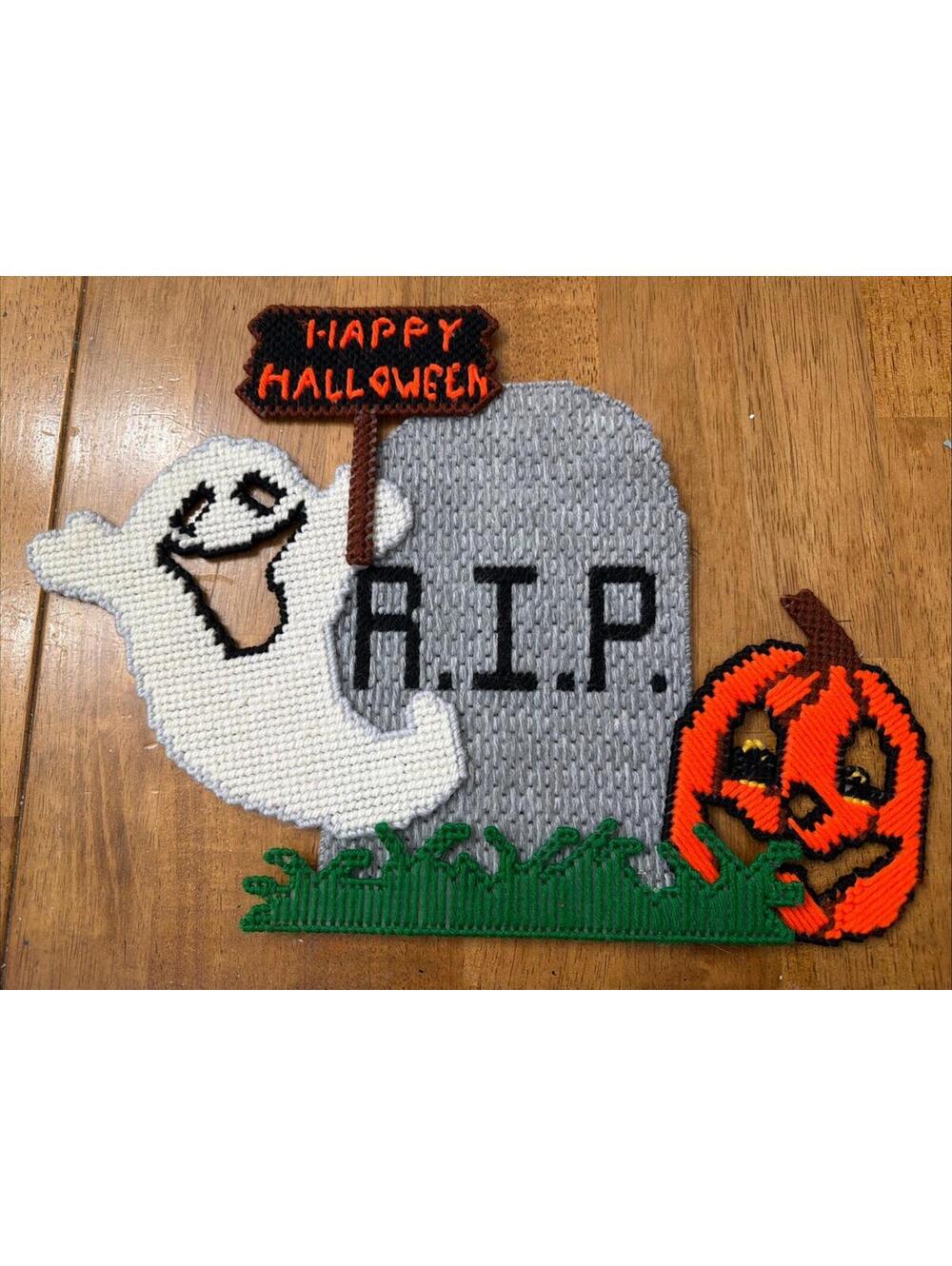 VTG Pumpkin Ghost Tomb Halloween Hanging Plastic Canvas Decoration Complete Larg